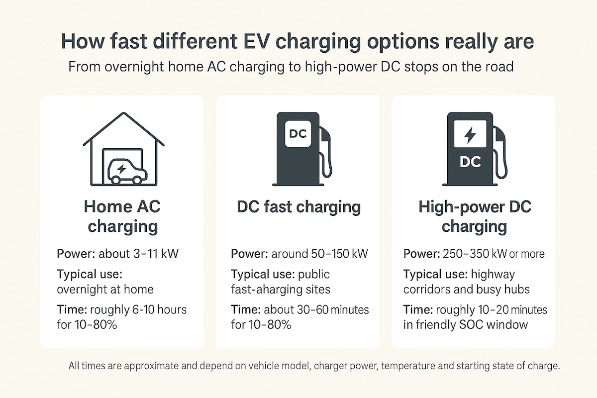 Infographic comparing home AC, DC fast charging and high-power DC charging times for electric vehicles Infographic comparing home AC, DC fast charging and high-power DC charging times for electric vehicles